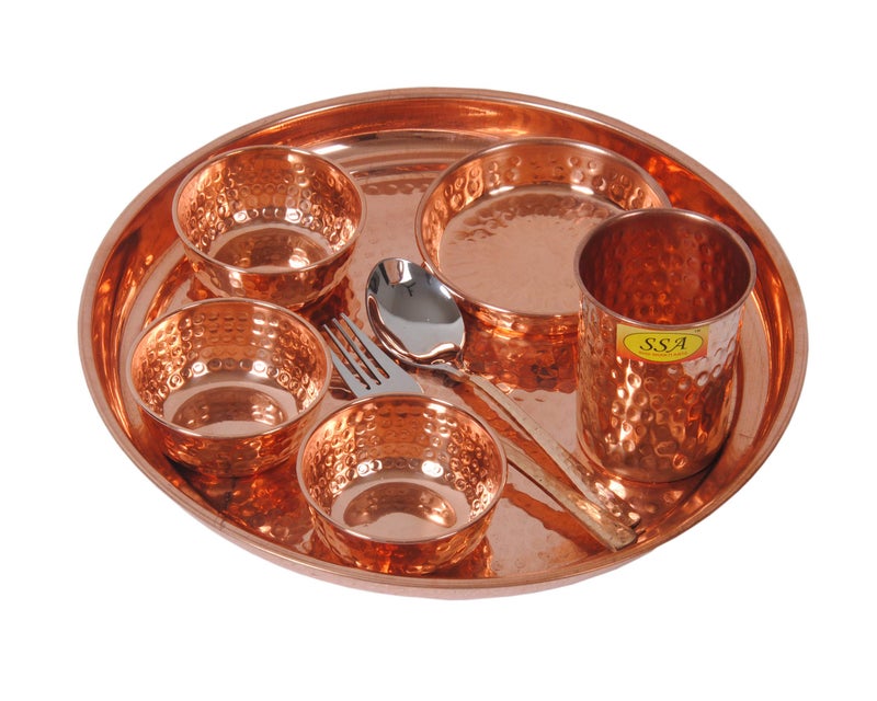 SHIV SHAKTI ARTS Hammered Traditional Design Copper Thali Set,Multicuisine Dinnerware Pieces 8 Pieces Set - Image 2