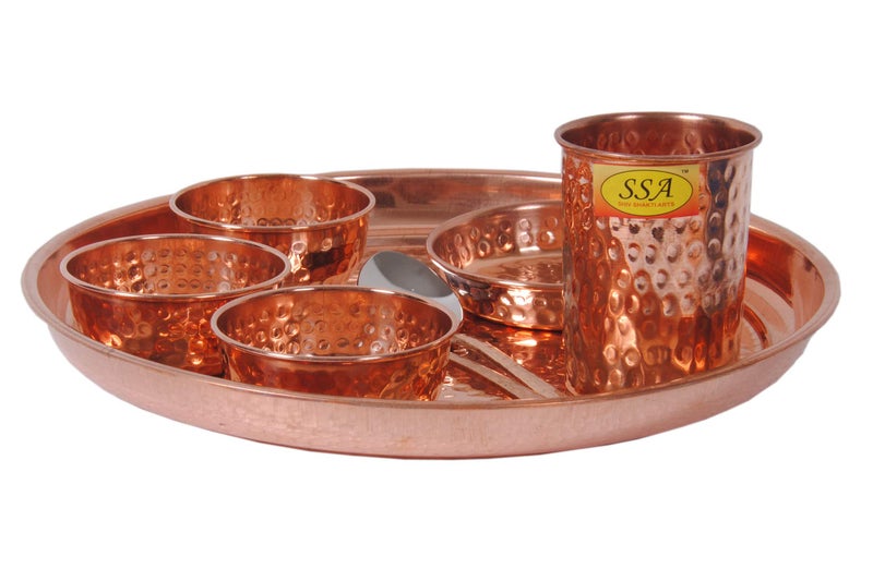SHIV SHAKTI ARTS Hammered Traditional Design Copper Thali Set,Multicuisine Dinnerware Pieces 8 Pieces Set - Image 1