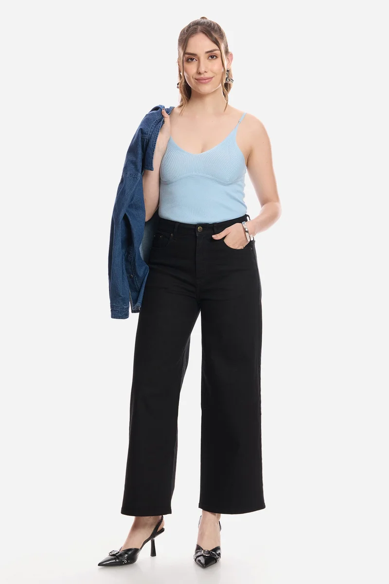 فيرجيو Solid Cotton Wide Leg Mid Rise Denims for Women