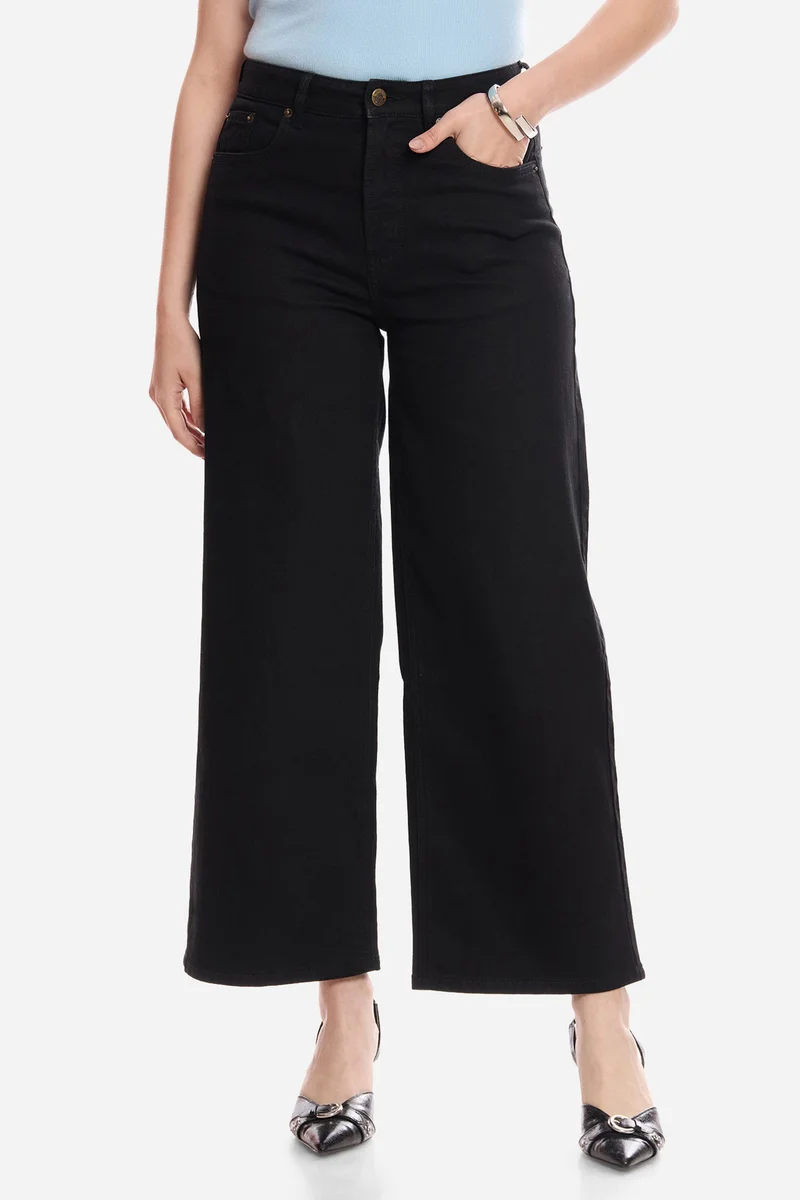 فيرجيو Solid Cotton Wide Leg Mid Rise Denims for Women