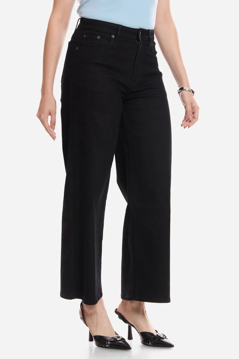 Virgio Black Solid Cotton Wide Leg Mid Rise Denims for Women for Women | Best Price UAE