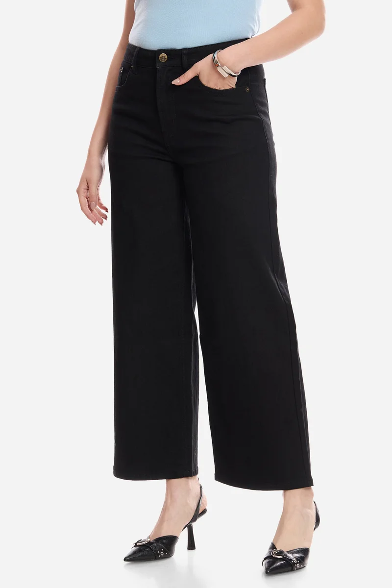 Virgio Black Solid Cotton Wide Leg Mid Rise Denims for Women for Women | Best Price UAE