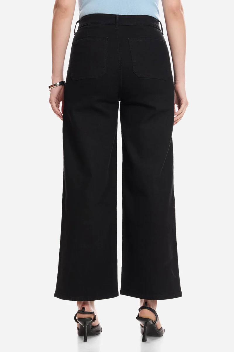Virgio Black Solid Cotton Wide Leg Mid Rise Denims for Women for Women | Best Price UAE