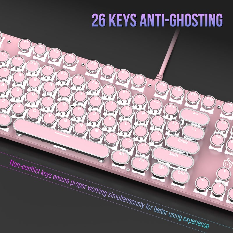 Gaozen Typewriter Mechanical Gaming Keyboard with RGB Backlit Red Switches, 104 Keys Retro Round Keycap, Wired Typewriter Style Comfortable Typing Soud (Pink) - Image 4