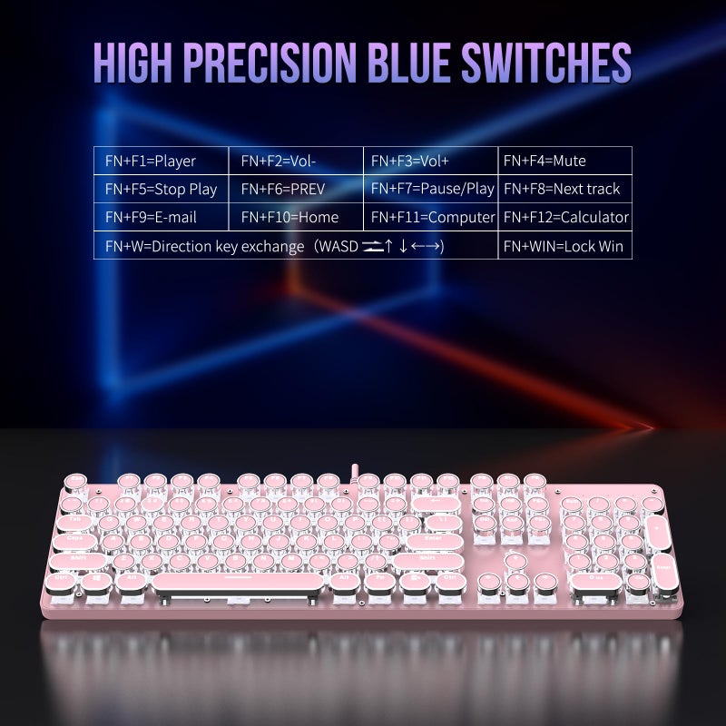 Gaozen Typewriter Mechanical Gaming Keyboard with RGB Backlit Red Switches, 104 Keys Retro Round Keycap, Wired Typewriter Style Comfortable Typing Soud (Pink) - Image 5