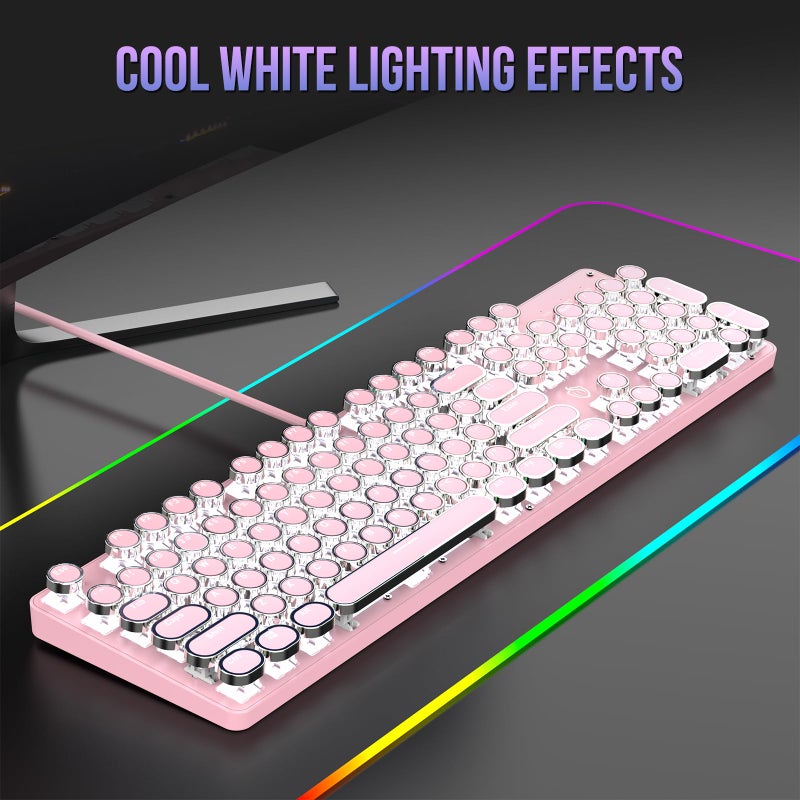 Gaozen Typewriter Mechanical Gaming Keyboard with RGB Backlit Red Switches, 104 Keys Retro Round Keycap, Wired Typewriter Style Comfortable Typing Soud (Pink) - Image 2
