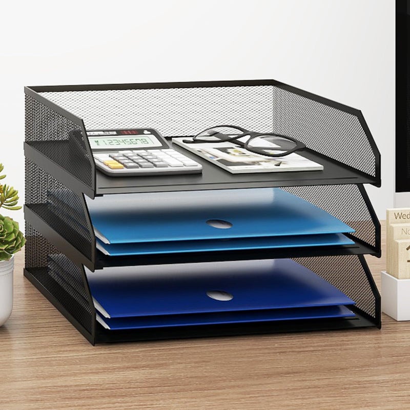 Natwind 3-Tier Stackable Paper Tray, Metal Mesh Desktop Organizer, A4 Paper Sorter, Letter Trays,File Folder Sorter Organizer with Sliding Tray for Home, Office, School (Black) - Image 1