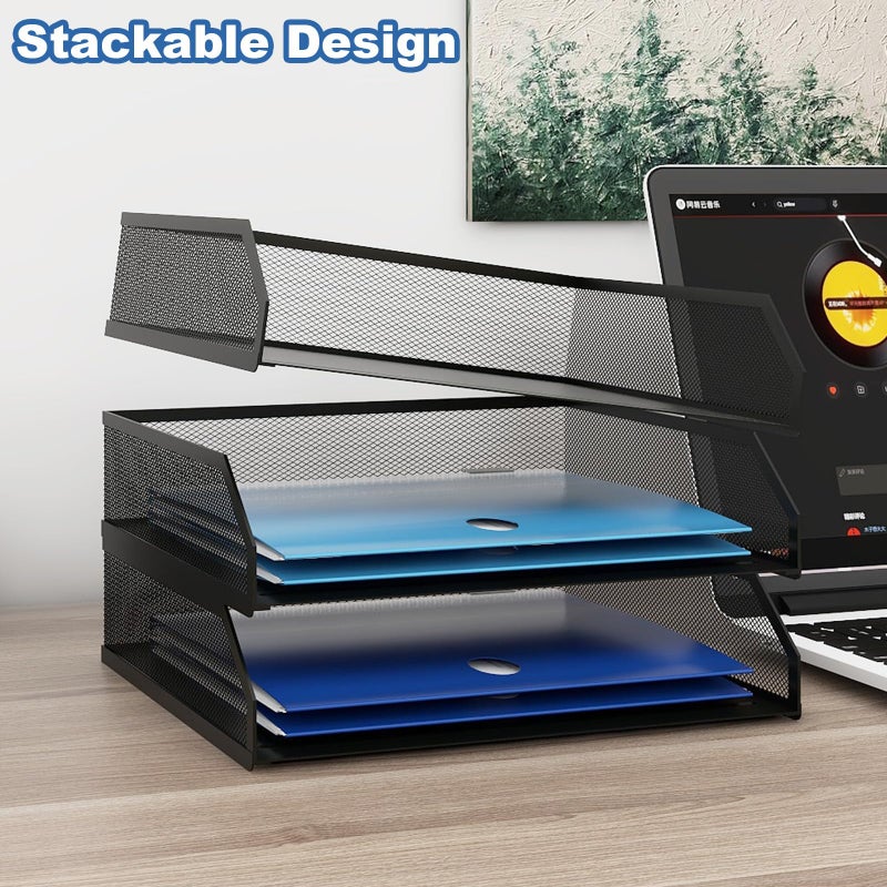 Natwind 3-Tier Stackable Paper Tray, Metal Mesh Desktop Organizer, A4 Paper Sorter, Letter Trays,File Folder Sorter Organizer with Sliding Tray for Home, Office, School (Black) - Image 3