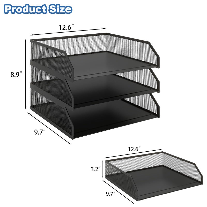 Natwind 3-Tier Stackable Paper Tray, Metal Mesh Desktop Organizer, A4 Paper Sorter, Letter Trays,File Folder Sorter Organizer with Sliding Tray for Home, Office, School (Black) - Image 2