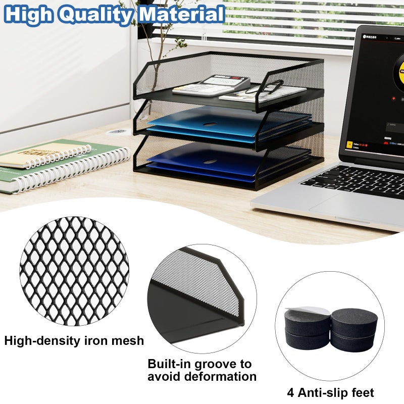 Natwind 3-Tier Stackable Paper Tray, Metal Mesh Desktop Organizer, A4 Paper Sorter, Letter Trays,File Folder Sorter Organizer with Sliding Tray for Home, Office, School (Black) - Image 4