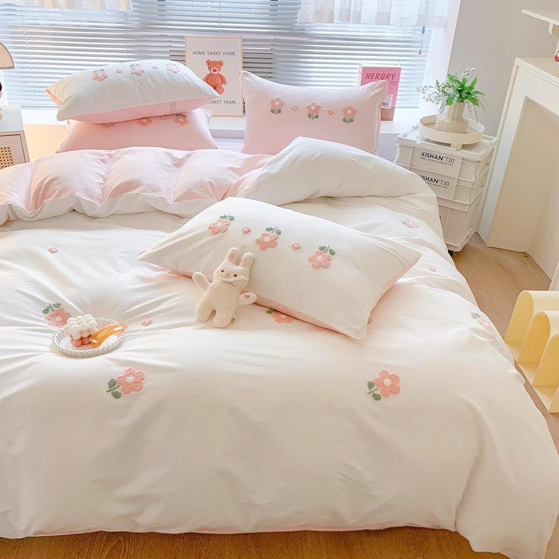 MorroMorn Twin Duvet Cover Cotton, 3D Embroidery Twin Bedding Sets, Cute Chenille Embroidered Comforter Covers Summer Blanket Soft Dry Sweat-Absorb for Girls Kids Teen (Flowers White, Twin/Twin XL) - Image 1