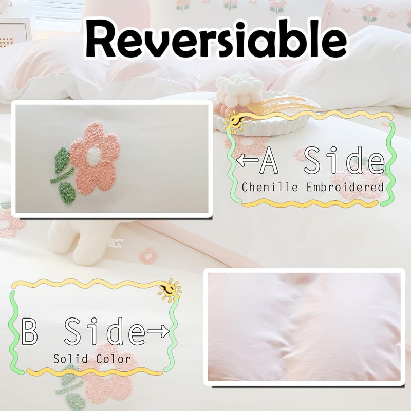 MorroMorn Twin Duvet Cover Cotton, 3D Embroidery Twin Bedding Sets, Cute Chenille Embroidered Comforter Covers Summer Blanket Soft Dry Sweat-Absorb for Girls Kids Teen (Flowers White, Twin/Twin XL) - Image 5