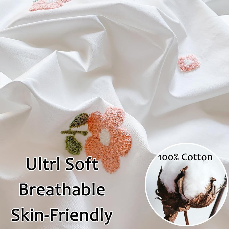 MorroMorn Twin Duvet Cover Cotton, 3D Embroidery Twin Bedding Sets, Cute Chenille Embroidered Comforter Covers Summer Blanket Soft Dry Sweat-Absorb for Girls Kids Teen (Flowers White, Twin/Twin XL) - Image 2