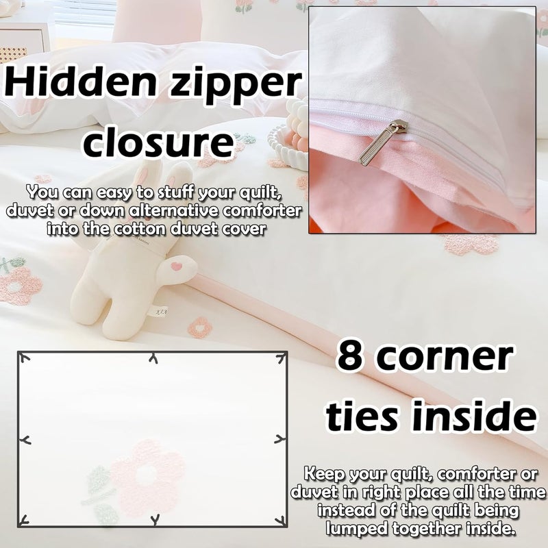 MorroMorn Twin Duvet Cover Cotton, 3D Embroidery Twin Bedding Sets, Cute Chenille Embroidered Comforter Covers Summer Blanket Soft Dry Sweat-Absorb for Girls Kids Teen (Flowers White, Twin/Twin XL) - Image 4