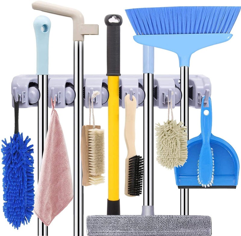 ATOOZED Mop and Broom Holder Upgraded with Effective Strong Holding 5 Slot Position with 6 Hooks Garage Storage up to 11 Tools Wall Mounted Organize Ideas Standard Size - Image 1
