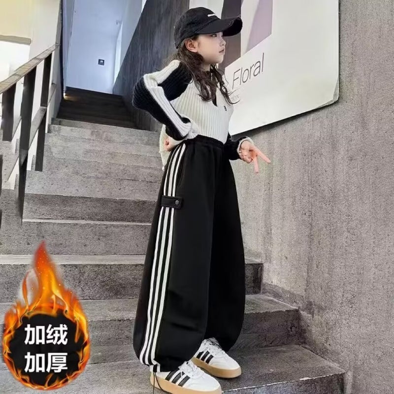 Girls' 2024 Contrast Striped Pants Casual Pants Large Children'S Fleece-Lined Loose Sports Pants - Image 1