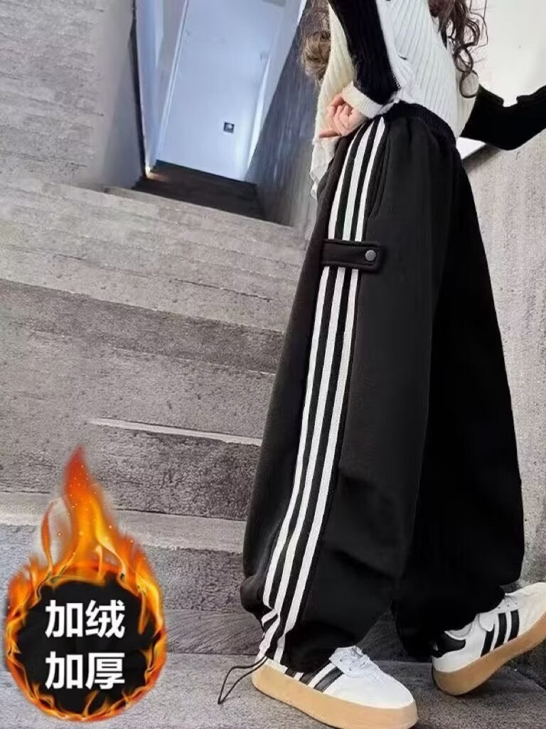 Girls' 2024 Contrast Striped Pants Casual Pants Large Children'S Fleece-Lined Loose Sports Pants - Image 4