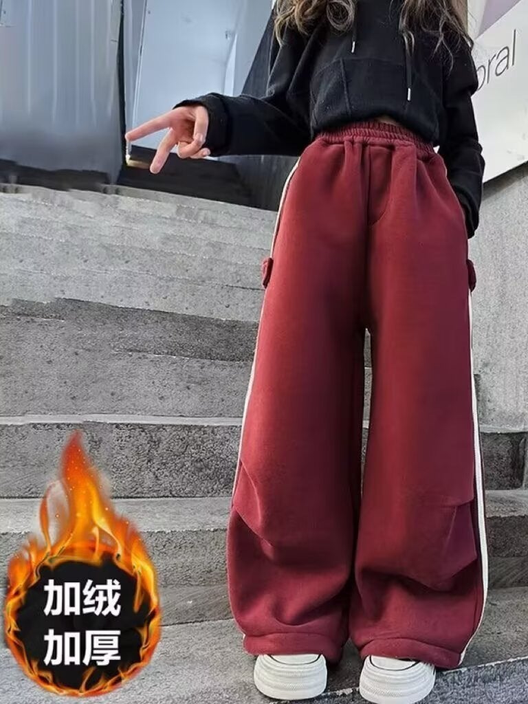 Girls' 2024 Contrast Striped Pants Casual Pants Large Children'S Fleece-Lined Loose Sports Pants - Image 2