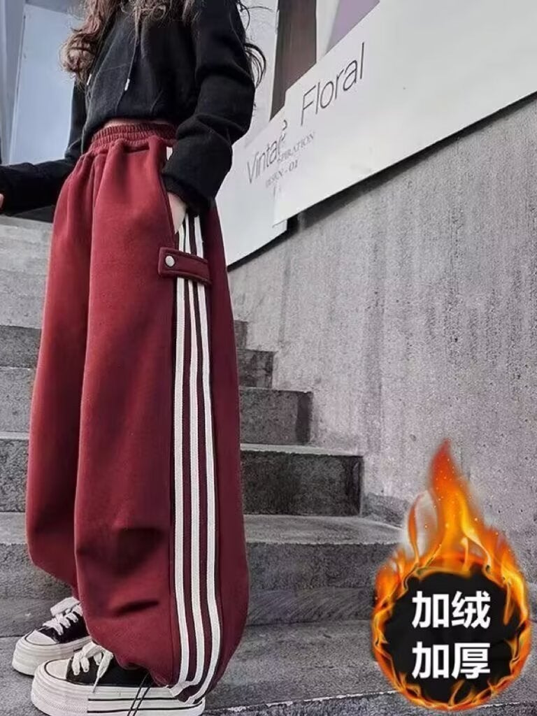 Girls' 2024 Contrast Striped Pants Casual Pants Large Children'S Fleece-Lined Loose Sports Pants - Image 3