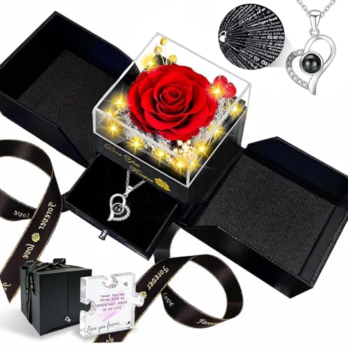 Megapuxin Preserved Real Rose-Eternal Flowers Rose Mothers Day for Mom Women Her Wife Girlfriend on Birthday Valentines with I Love You Necklace 100 Languages Romantic Gift - Image 1