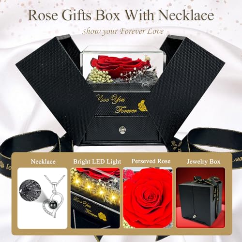 Megapuxin Preserved Real Rose-Eternal Flowers Rose Mothers Day for Mom Women Her Wife Girlfriend on Birthday Valentines with I Love You Necklace 100 Languages Romantic Gift - Image 2