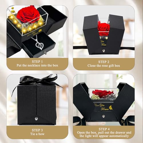 Megapuxin Preserved Real Rose-Eternal Flowers Rose Mothers Day for Mom Women Her Wife Girlfriend on Birthday Valentines with I Love You Necklace 100 Languages Romantic Gift - Image 3