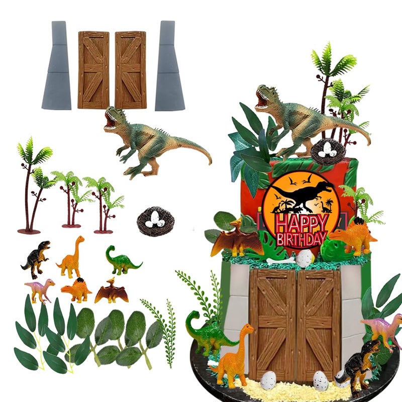 DiDida Dinosaur Cake Toppers Dinosaur Park Cake Topper with Park Door Eggs Leaves Trees Cake Decorations For Birthday - Image 1