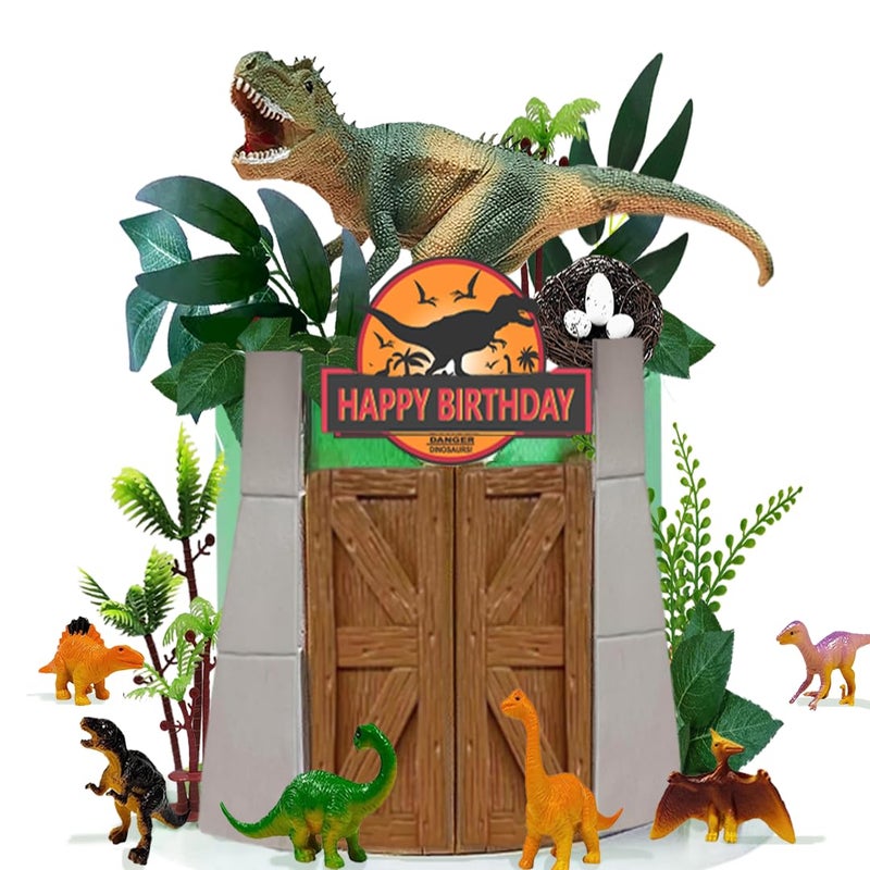 DiDida Dinosaur Cake Toppers Dinosaur Park Cake Topper with Park Door Eggs Leaves Trees Cake Decorations For Birthday - Image 3