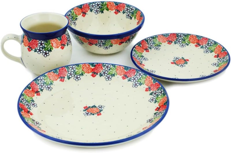 Polmedia Polish Pottery Authentic Polish Pottery 4Piece Place Setting in Springs Arrival Design Handmade in Bolesawiec Poland by Ceramika Artystyczna  Certificate of Authenticity  - Image 2