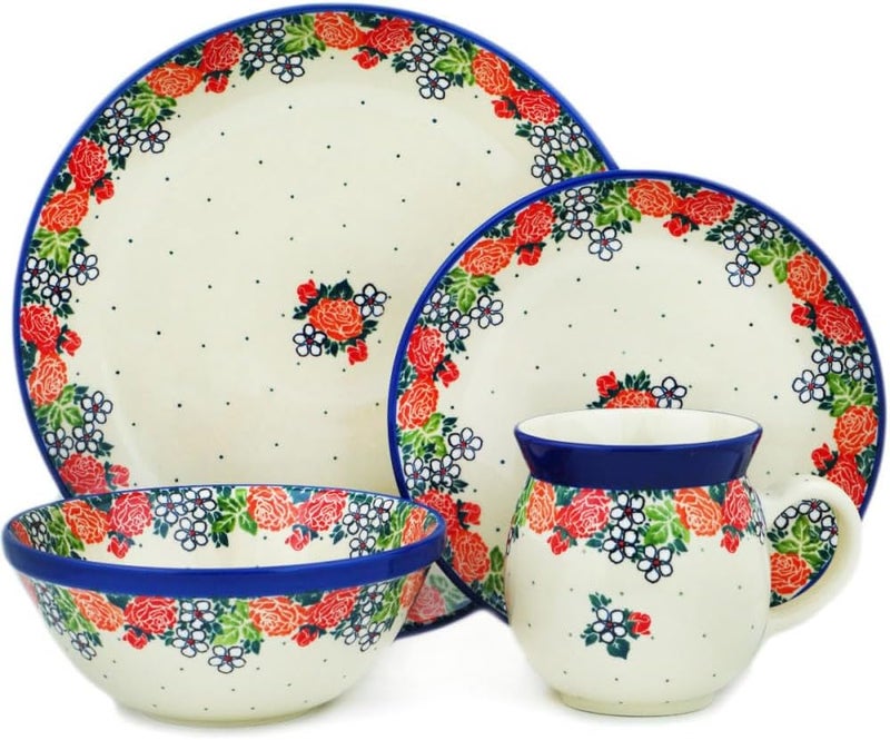 Polmedia Polish Pottery Authentic Polish Pottery 4Piece Place Setting in Springs Arrival Design Handmade in Bolesawiec Poland by Ceramika Artystyczna  Certificate of Authenticity  - Image 1