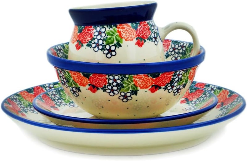 Polmedia Polish Pottery Authentic Polish Pottery 4Piece Place Setting in Springs Arrival Design Handmade in Bolesawiec Poland by Ceramika Artystyczna  Certificate of Authenticity  - Image 3