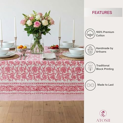 ATOSII Red Bloom 100% Cotton Tablecloth, Handblock Print Rectangle Table Cover for Kitchen Dining I Tabletop Linen I Parties, Wedding, Spring Summer Table Cloth 60 X 90 Inches - Image 2