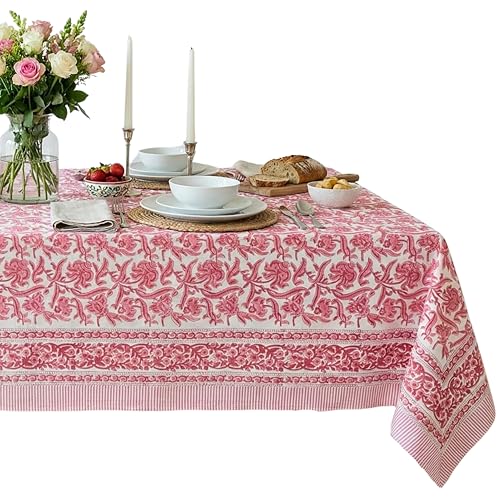 ATOSII Red Bloom 100% Cotton Tablecloth, Handblock Print Rectangle Table Cover for Kitchen Dining I Tabletop Linen I Parties, Wedding, Spring Summer Table Cloth 60 X 90 Inches - Image 1