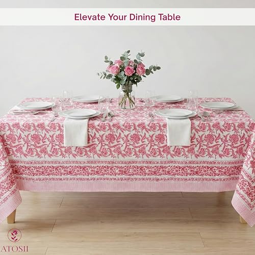 ATOSII Red Bloom 100% Cotton Tablecloth, Handblock Print Rectangle Table Cover for Kitchen Dining I Tabletop Linen I Parties, Wedding, Spring Summer Table Cloth 60 X 90 Inches - Image 5