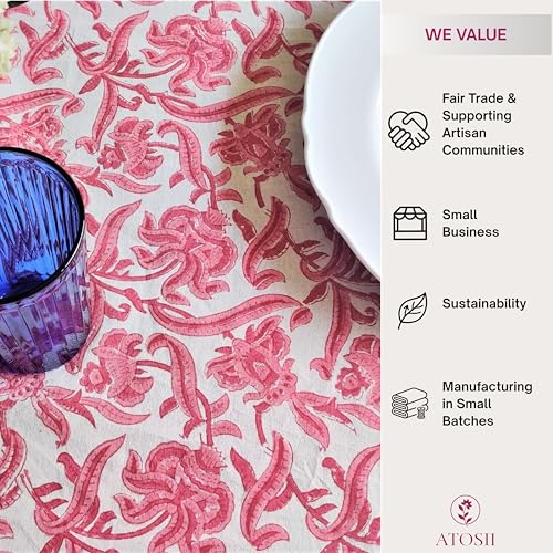 ATOSII Red Bloom 100% Cotton Tablecloth, Handblock Print Rectangle Table Cover for Kitchen Dining I Tabletop Linen I Parties, Wedding, Spring Summer Table Cloth 60 X 90 Inches - Image 4