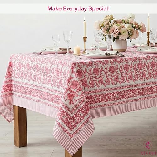 ATOSII Red Bloom 100% Cotton Tablecloth, Handblock Print Rectangle Table Cover for Kitchen Dining I Tabletop Linen I Parties, Wedding, Spring Summer Table Cloth 60 X 90 Inches - Image 3
