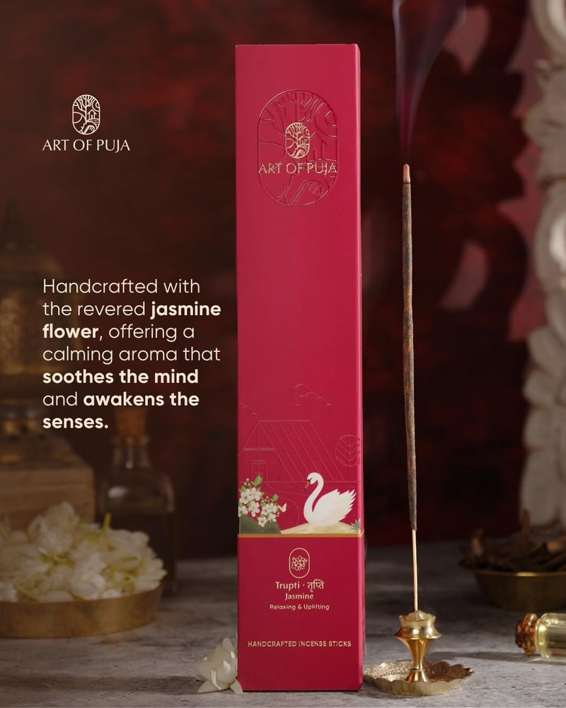 ART OF PUJA Jasmine (Mogra) Handcrafted Incense-30 Premium Agarbatti Stick | 1 Hr Burning Time, 2+ Hr Retention | Long Lasting Floral Aroma, Low Smoke | Free Agarbatti Stand | Incense Sticks for Home - Image 3