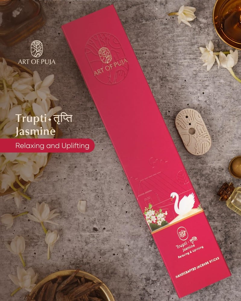 ART OF PUJA Jasmine (Mogra) Handcrafted Incense-30 Premium Agarbatti Stick | 1 Hr Burning Time, 2+ Hr Retention | Long Lasting Floral Aroma, Low Smoke | Free Agarbatti Stand | Incense Sticks for Home - Image 2