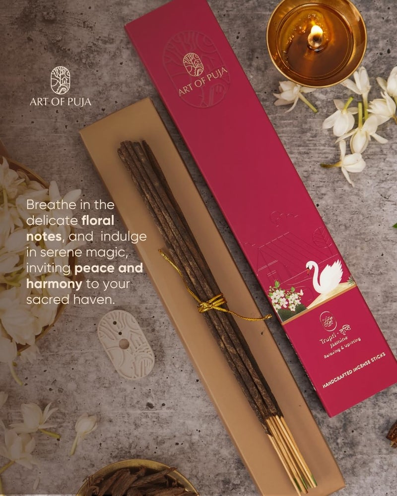 ART OF PUJA Jasmine (Mogra) Handcrafted Incense-30 Premium Agarbatti Stick | 1 Hr Burning Time, 2+ Hr Retention | Long Lasting Floral Aroma, Low Smoke | Free Agarbatti Stand | Incense Sticks for Home - Image 4