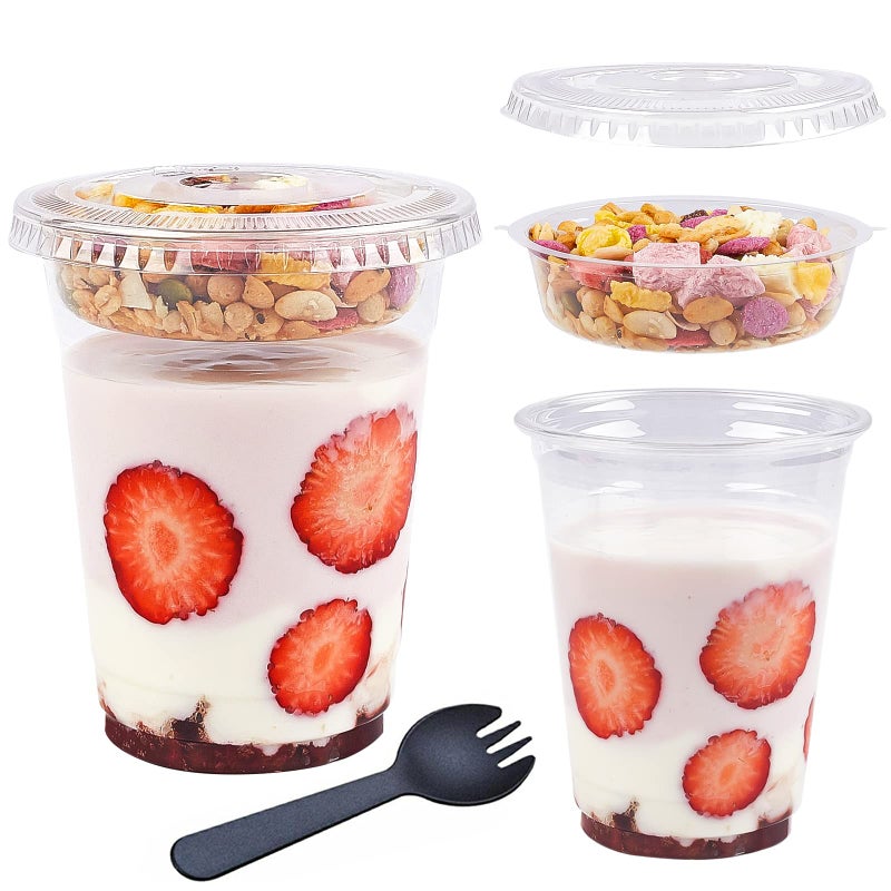 TOFLEN 12 oz Clear Plastic Yogurt Parfait Cups with Lids Disposable To Go Cereal Cups for Breakfast Snack Fruit  Veggies and Dips (50 Cups+Inserts+Sporks+Flat Lids) - Image 1