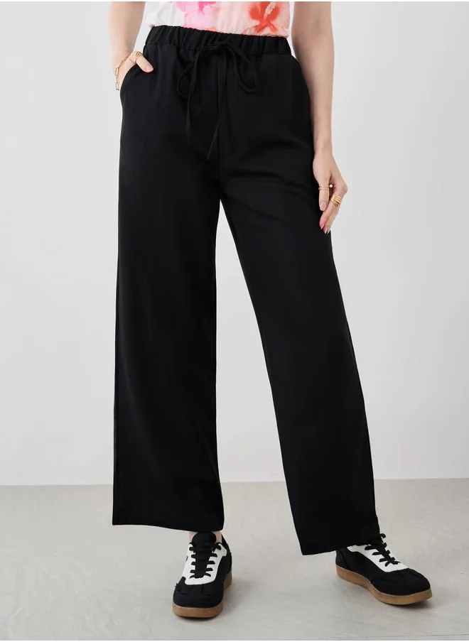 تايك تو Take Two Women Black Solid Wide Leg Pants with Drawstring Waistband