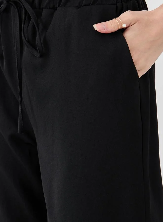 Take Two Take Two Women Black Solid Wide Leg Pants with Drawstring Waistband