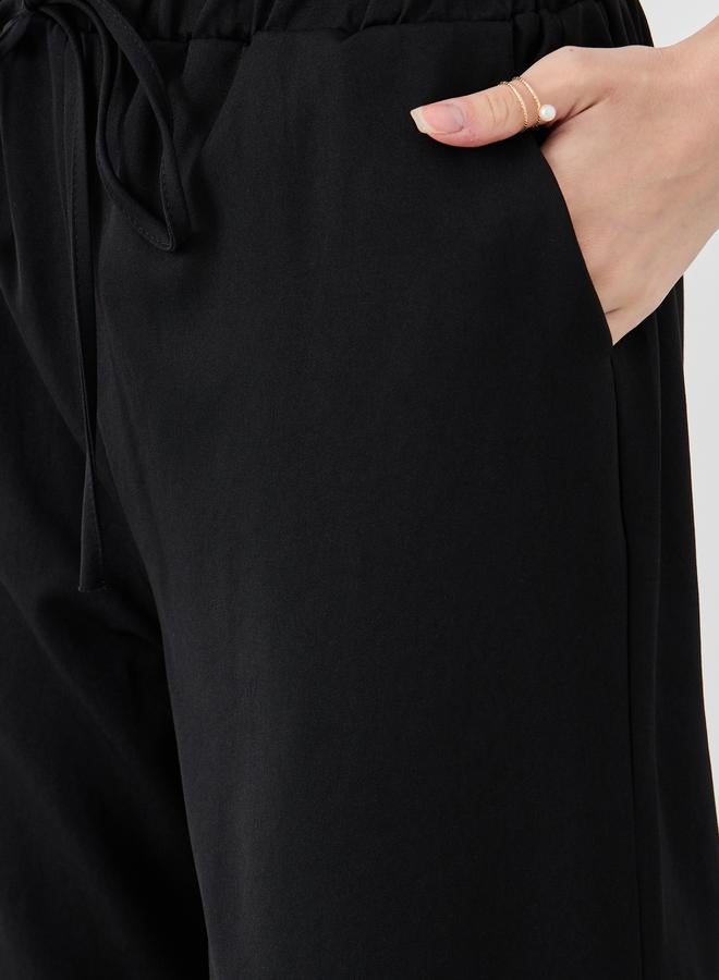 Take Two Take Two Women Black Solid Wide Leg Pants with Drawstring Waistband  - Image 3