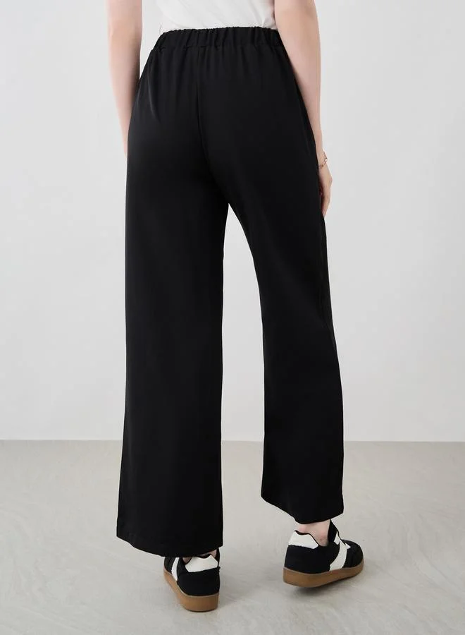 Take Two Take Two Women Black Solid Wide Leg Pants with Drawstring Waistband