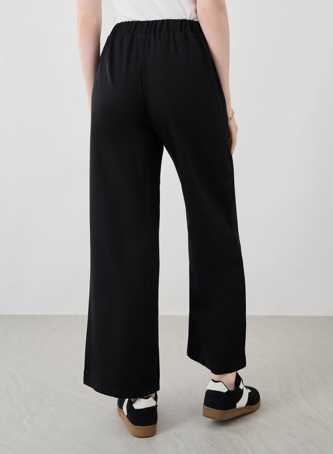 Take Two Take Two Women Black Solid Wide Leg Pants with Drawstring Waistband  - Image 4