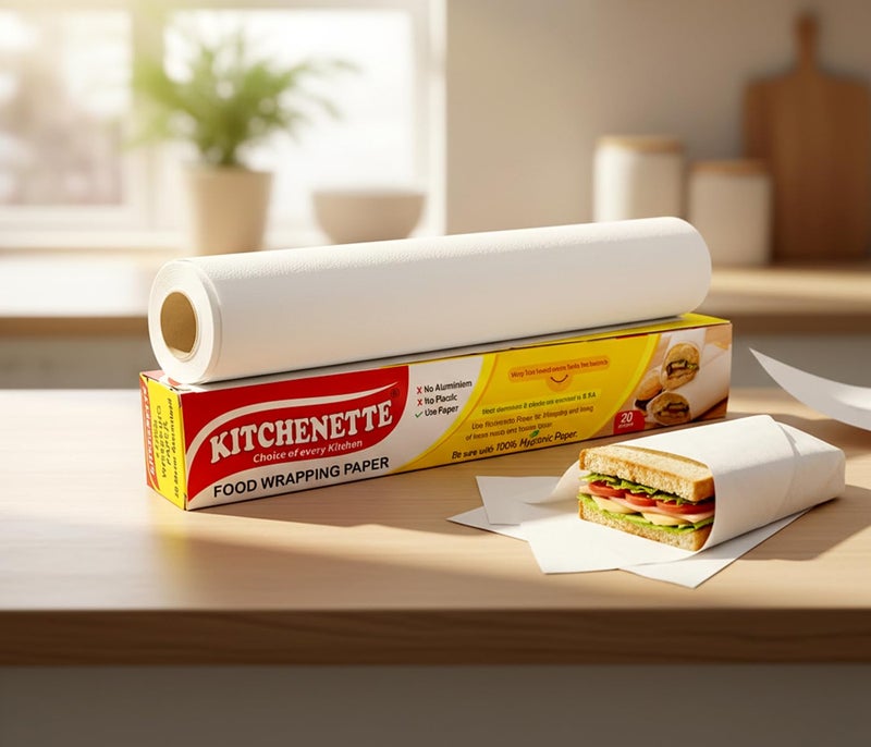 KITCHENETTE Butter Paper Roll 20m | Food Grade Non Stick Greaseproof Paper | for Roti Wrap, Tiffin Lunch Packing, Baking | Microwave Oven Freezer Safe up to 220°C | Eco Friendly - Image 1