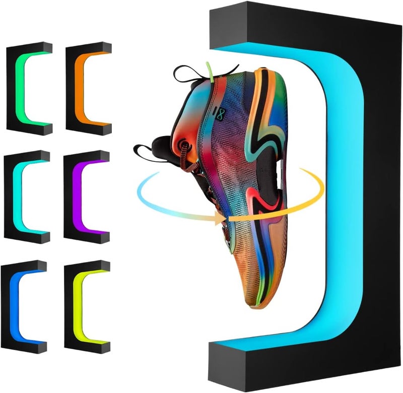 UVEHAS Levitating Shoe Display Stand, Floating Sneaker Stand with Remote 16 Colors LED Light Rotating Magnetic Levitation Shoe Rack for Home Decor Store Advertising Exhibition Shoes Collectors - Image 1