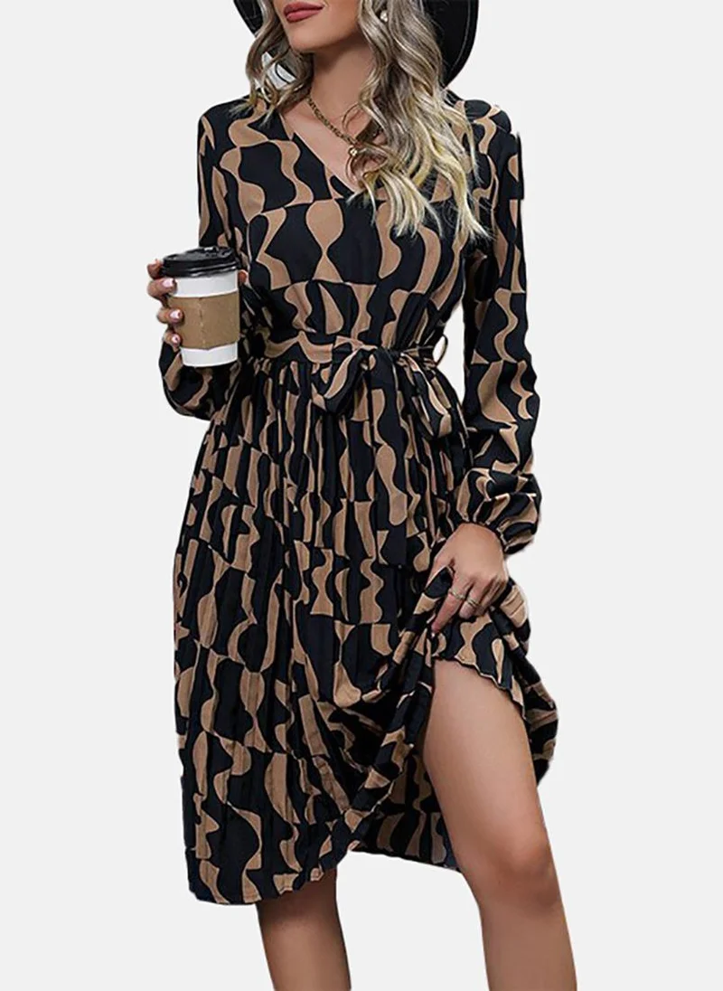 يونيكي Brown Abstract Printed Flared V-Neck A-Line Midi Dress