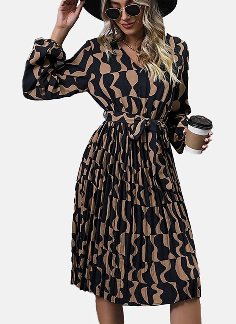 يونيكي Brown Abstract Printed Flared V-Neck A-Line Midi Dress