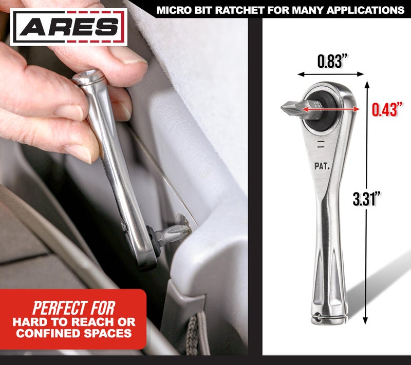 ARES أريس 70040-1/4 بوصة درايف رATCHET ميكرو بت | مفك صغير بعزم دوران عالي 72 سنًا - زاوية 5 درجات - حامل بت كرة زنبركية - Image 5